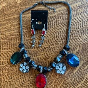 Red Glass Alloy Iron Elegant Multicolor Statement Necklace and Earring Set